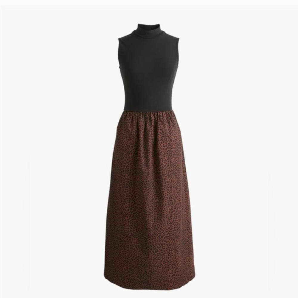 J. Crew Sleeveless Mock Neck Midi Dress in Black and Brown Leopard